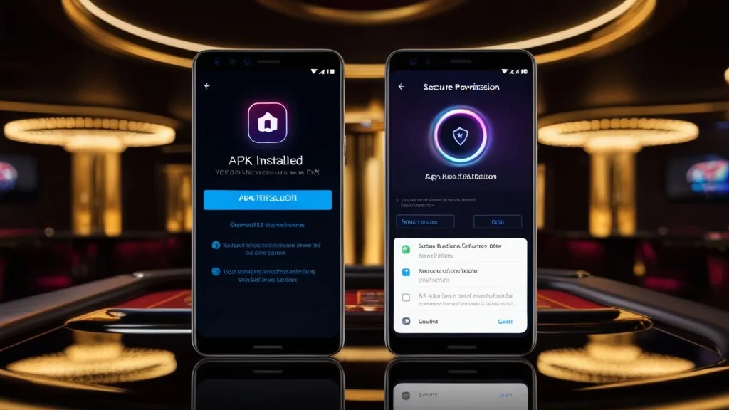 Android phone displaying an APK installation prompt in a dark casino setting