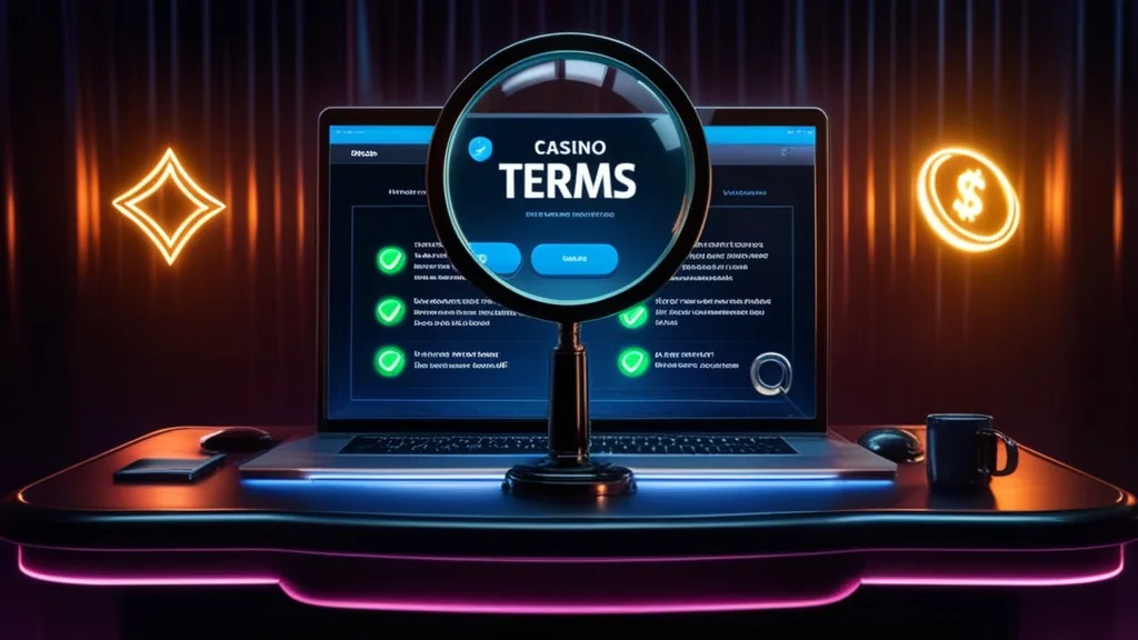 Magnifying glass over casino bonus terms and a glowing code field