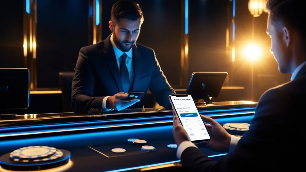 Player checking deposit options on a glowing casino cashier screen