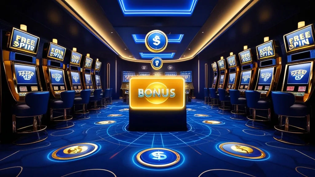 Casino bonus icons and free spins glowing above a slot machine