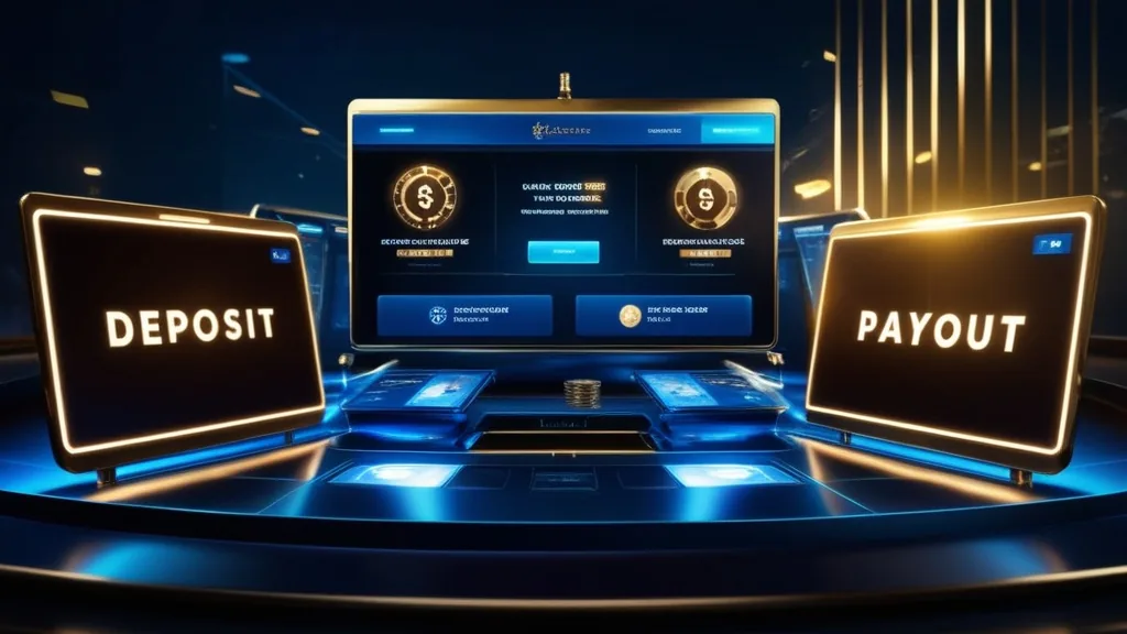 Casino payment workflow with verification and payout stages on glowing screens