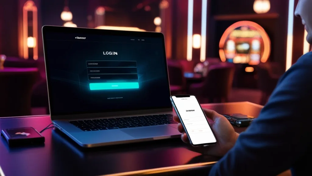 User signing in on a laptop and phone in a dark casino setting