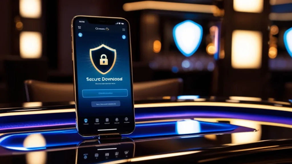 Smartphone showing a secure mobile app download screen in a dark casino setting