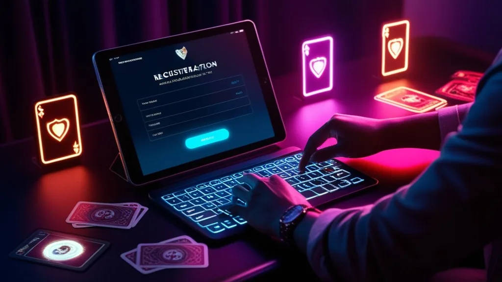 Tablet registration form in a dark casino-themed environment