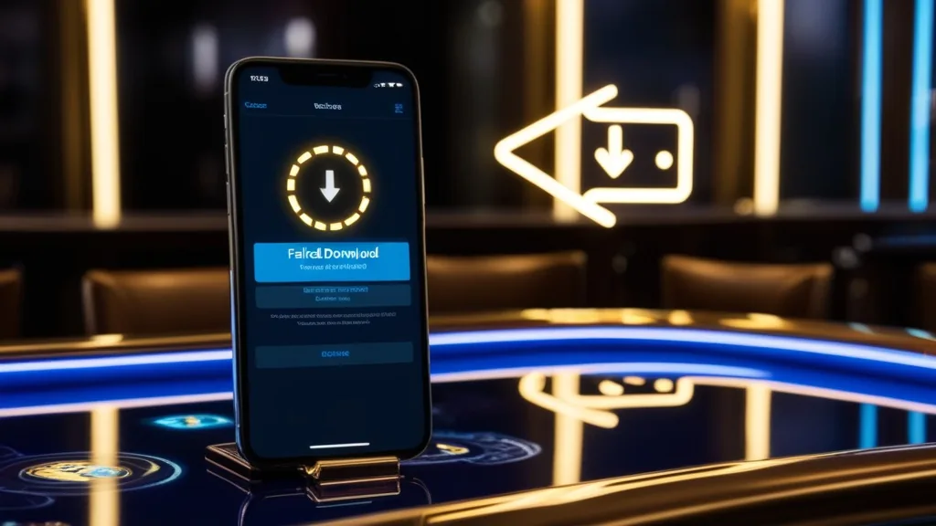 Smartphone showing a download error and update symbol in a dark casino setting